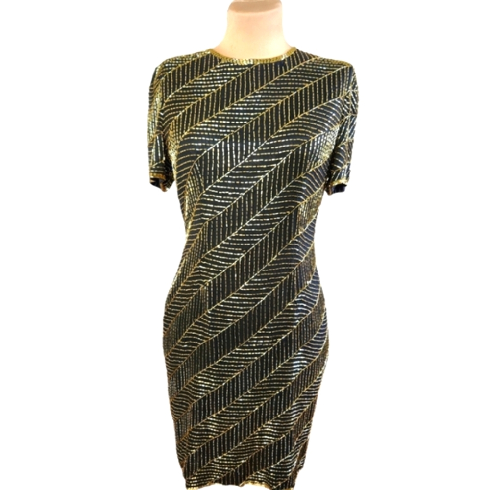 A.J. BARI Vintage 1980s Silk Beaded Sheath Dress - Size 10 - Picture 6 of 14
